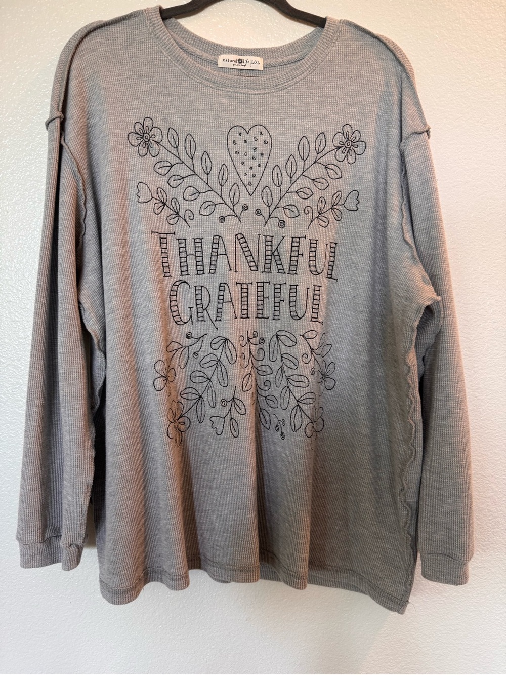 Natural Life Women’s L/XL Waffle Knit T-shirt Thankful Fall Cozy Lounge Travel